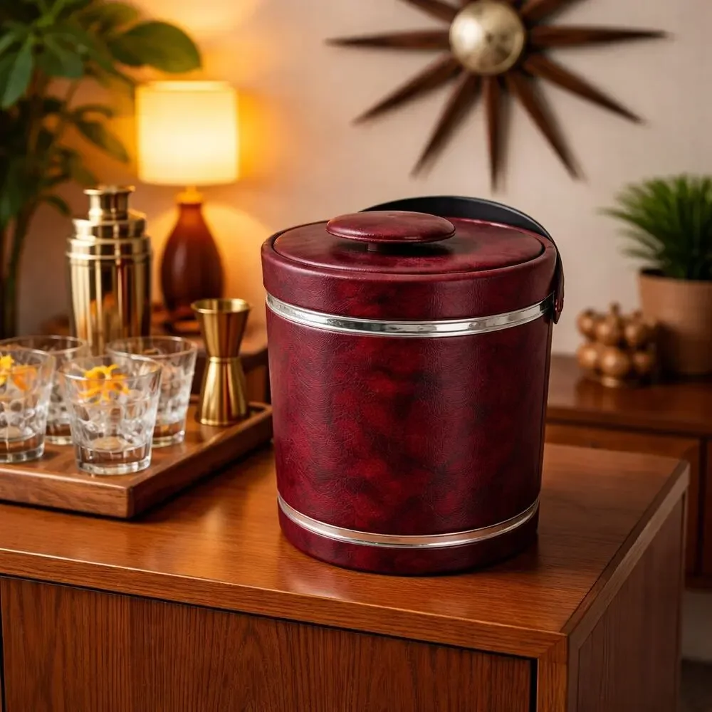 Vintage 70s Burgundy Crimson Vinyl Bar Ice Bucket